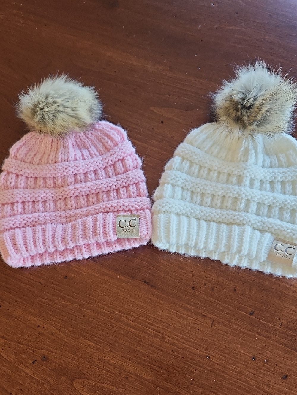 C.C Baby Knit Pom Beanies - Pink & Cream with Faux Fur Poms